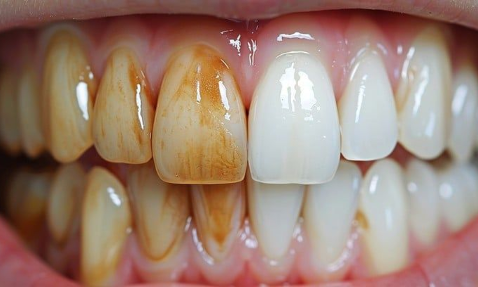 Close-up of human teeth showing discoloration and staining